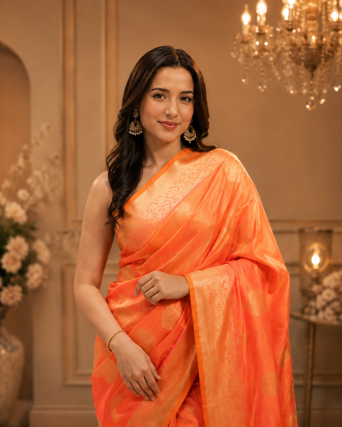 Neon Orange Banarasi saree