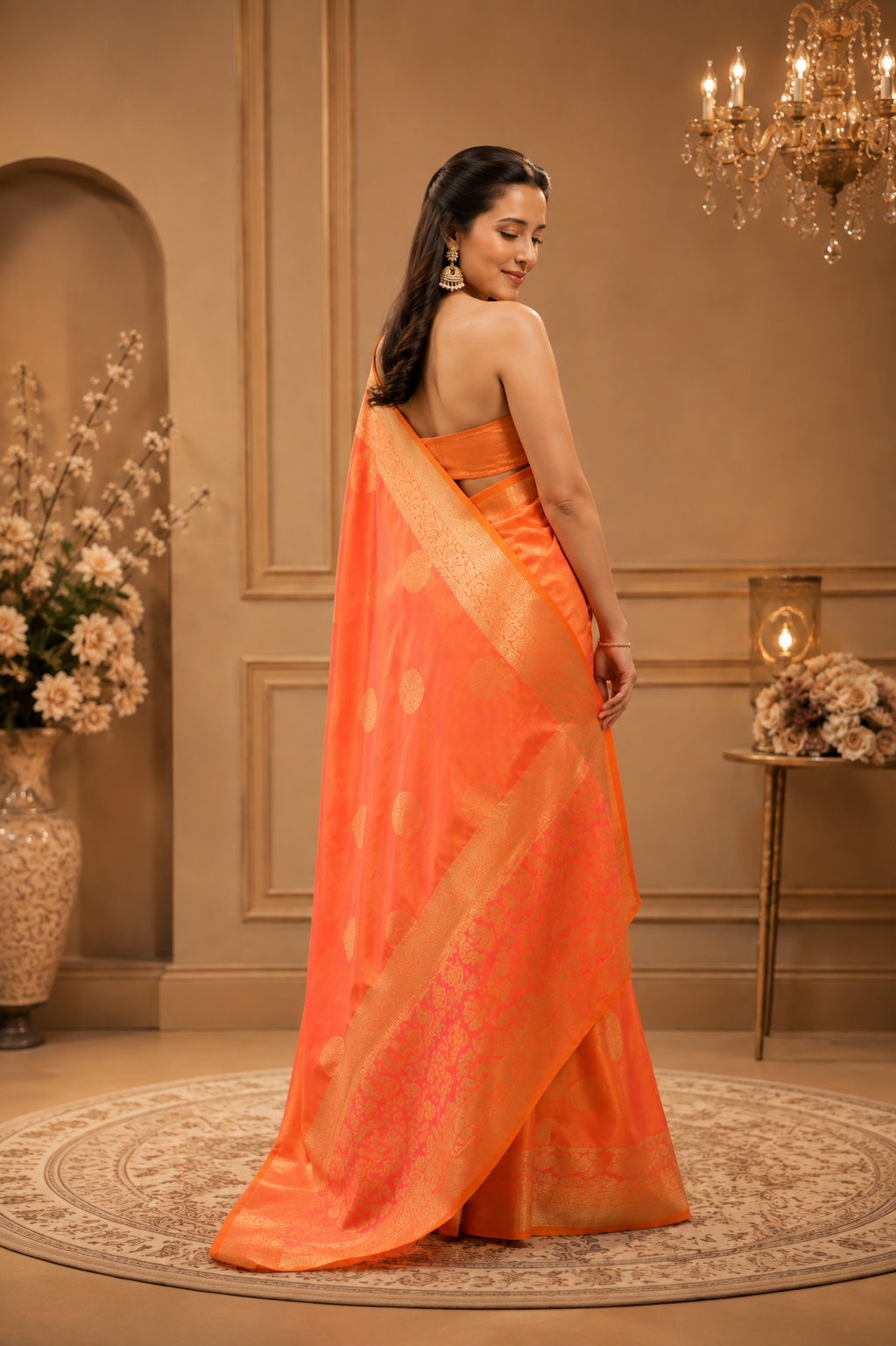 Neon Orange Banarasi saree