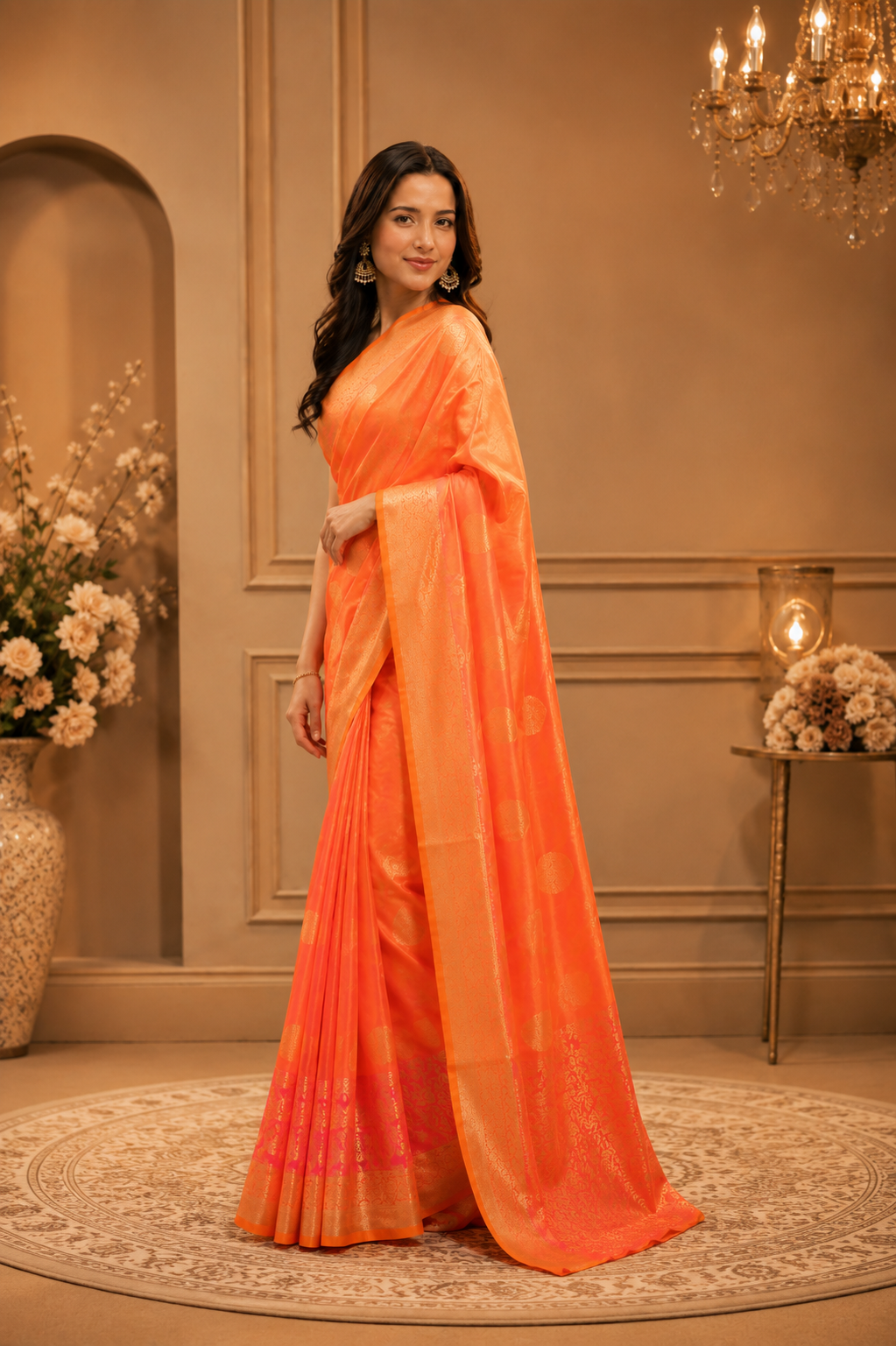 Neon Orange Banarasi saree