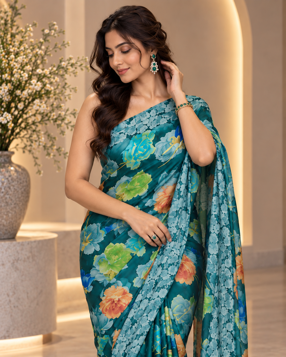 Satin Silk Green Printed Saree