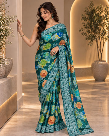 Satin Silk Green Printed Saree