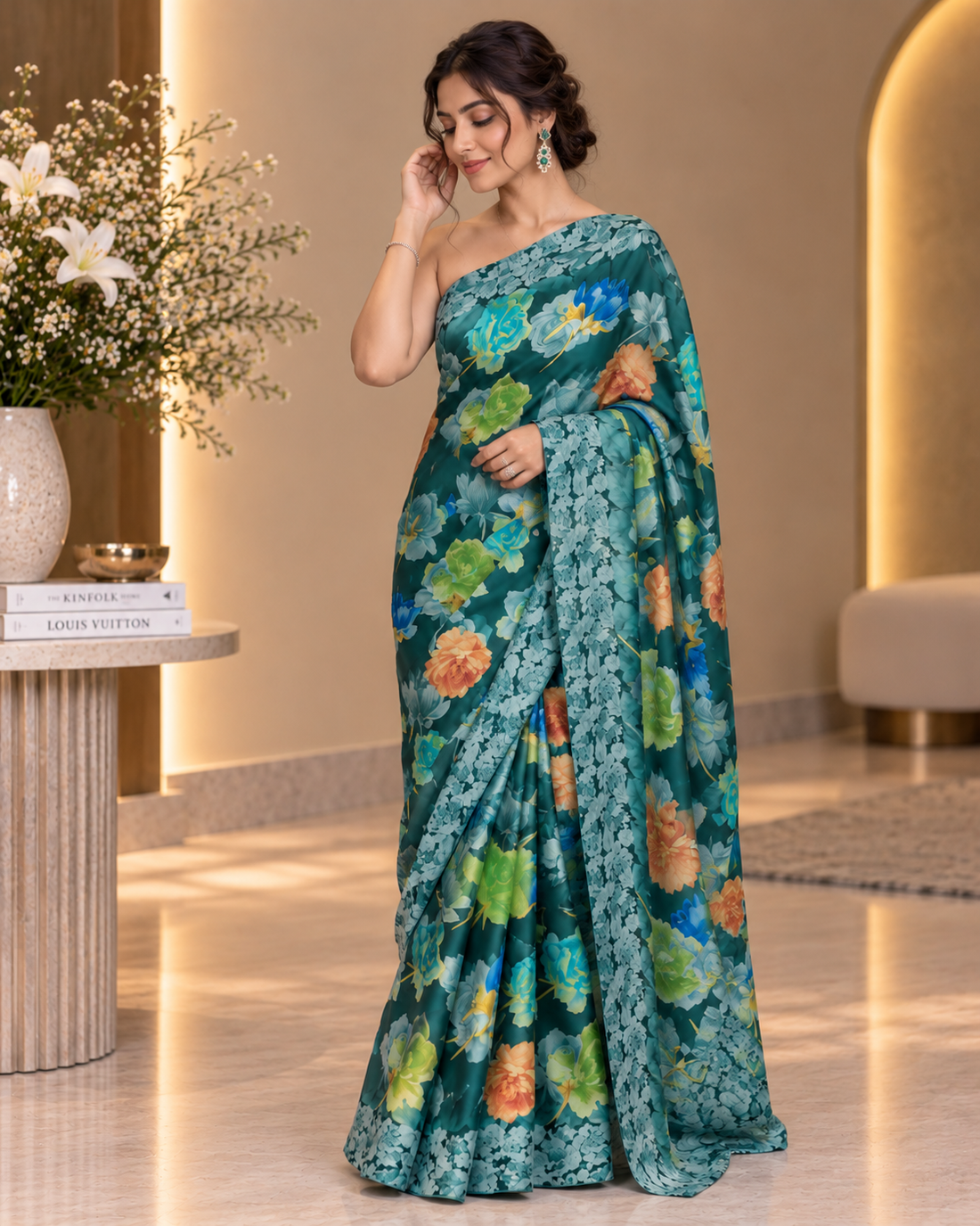 Satin Silk Green Printed Saree