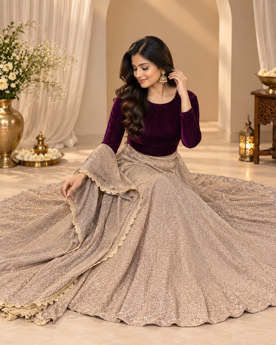 Lurex Tissue Lehenga with Purple Velvet Top