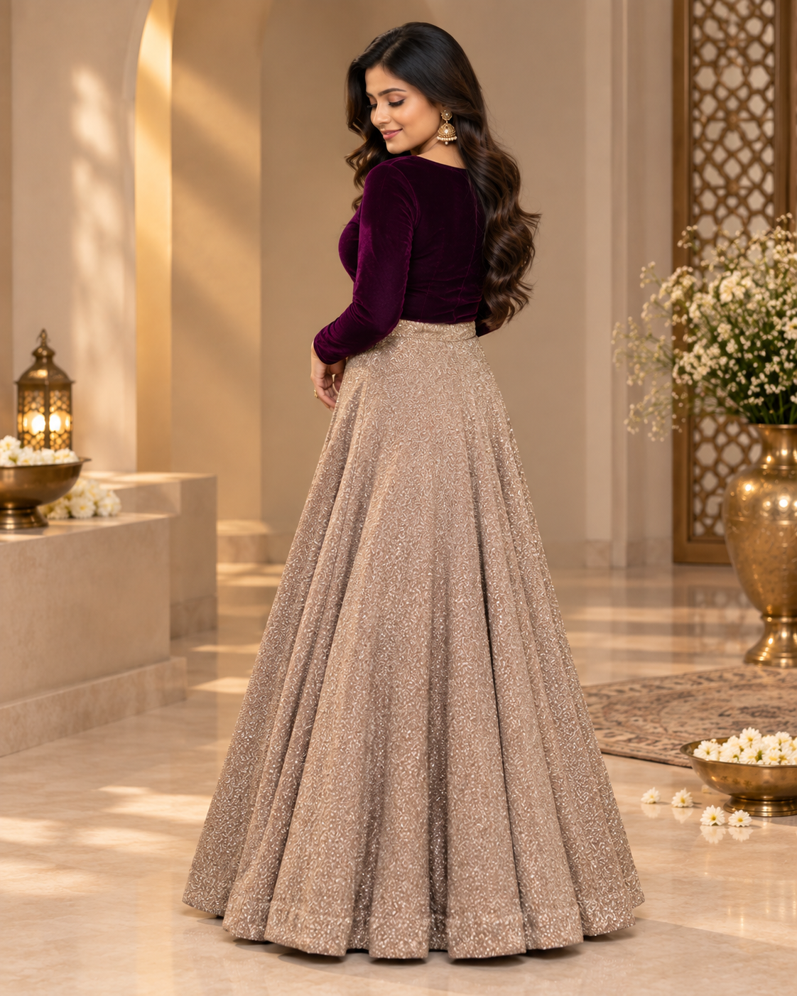Lurex Tissue Lehenga with Purple Velvet Top