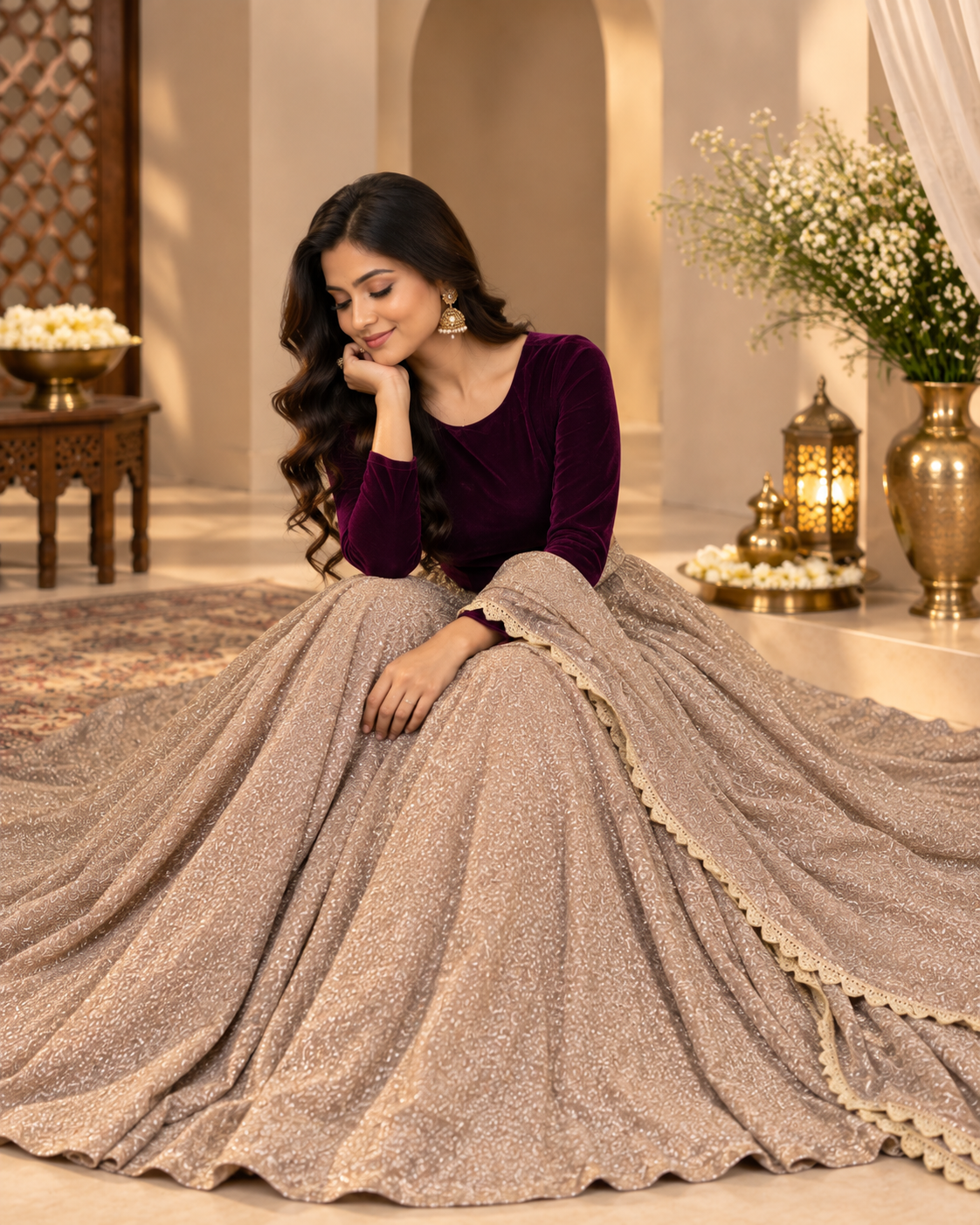 Lurex Tissue Lehenga with Purple Velvet Top