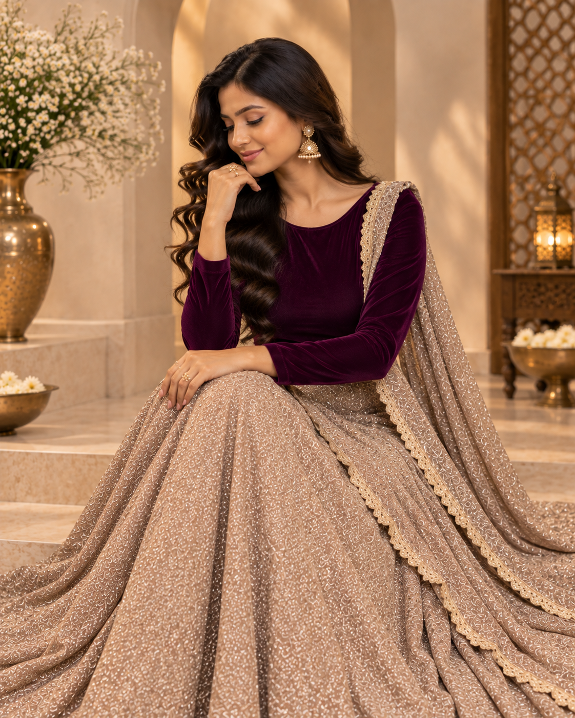 Lurex Tissue Lehenga with Purple Velvet Top