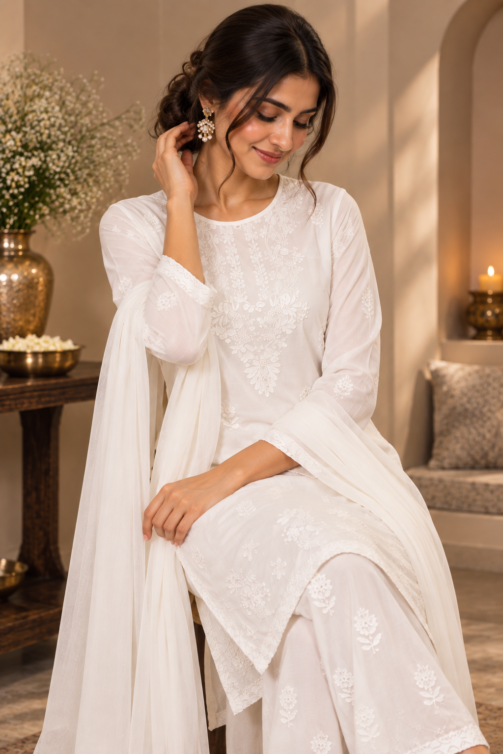 White Chikankari Cotton Suit