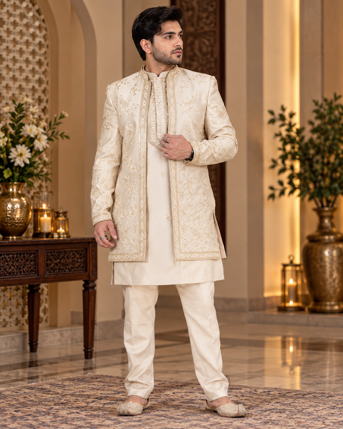 Embroidered Beige Fusion Wear