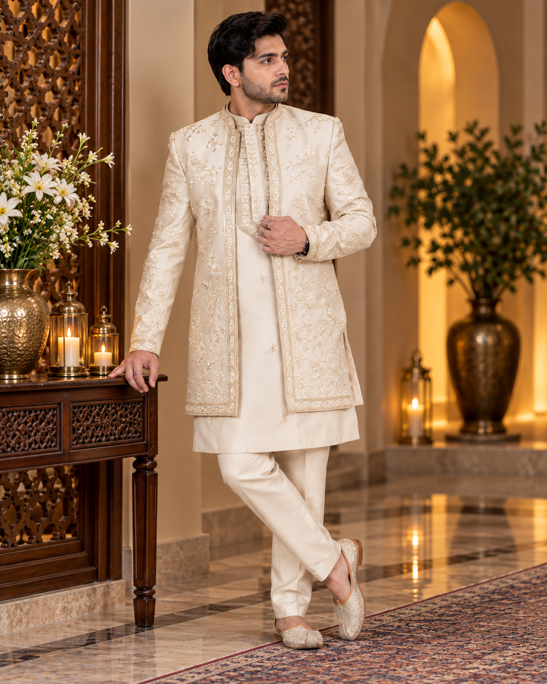 Embroidered Beige Fusion Wear