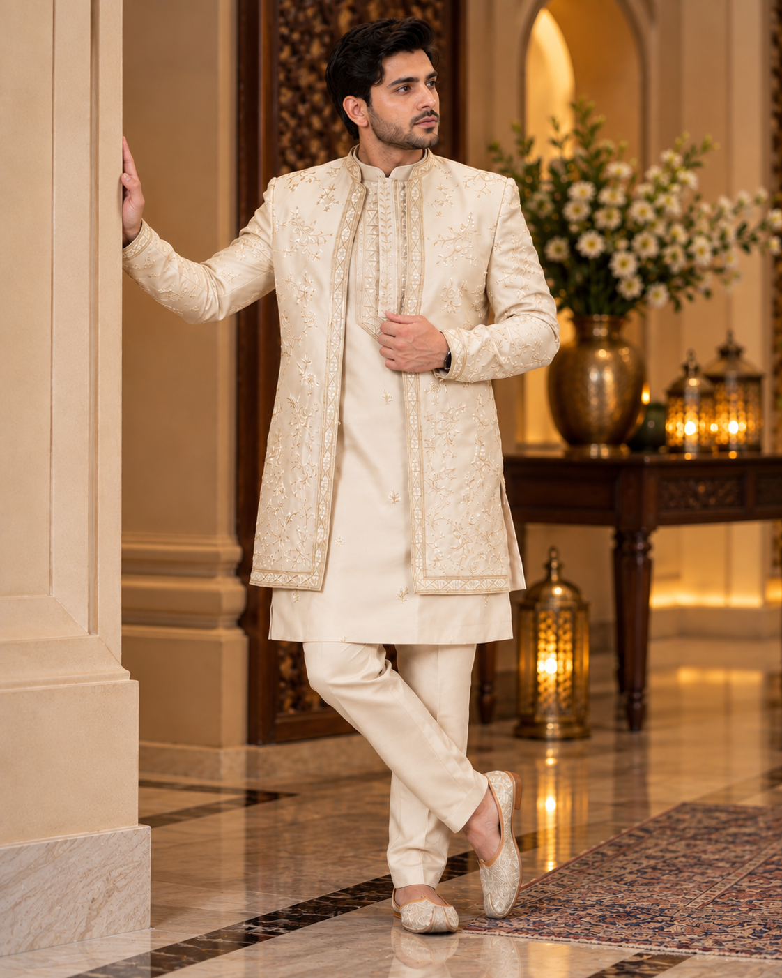 Embroidered Beige Fusion Wear