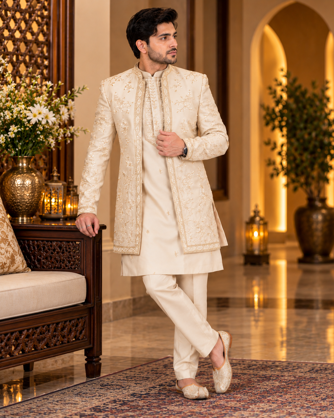 Embroidered Beige Fusion Wear