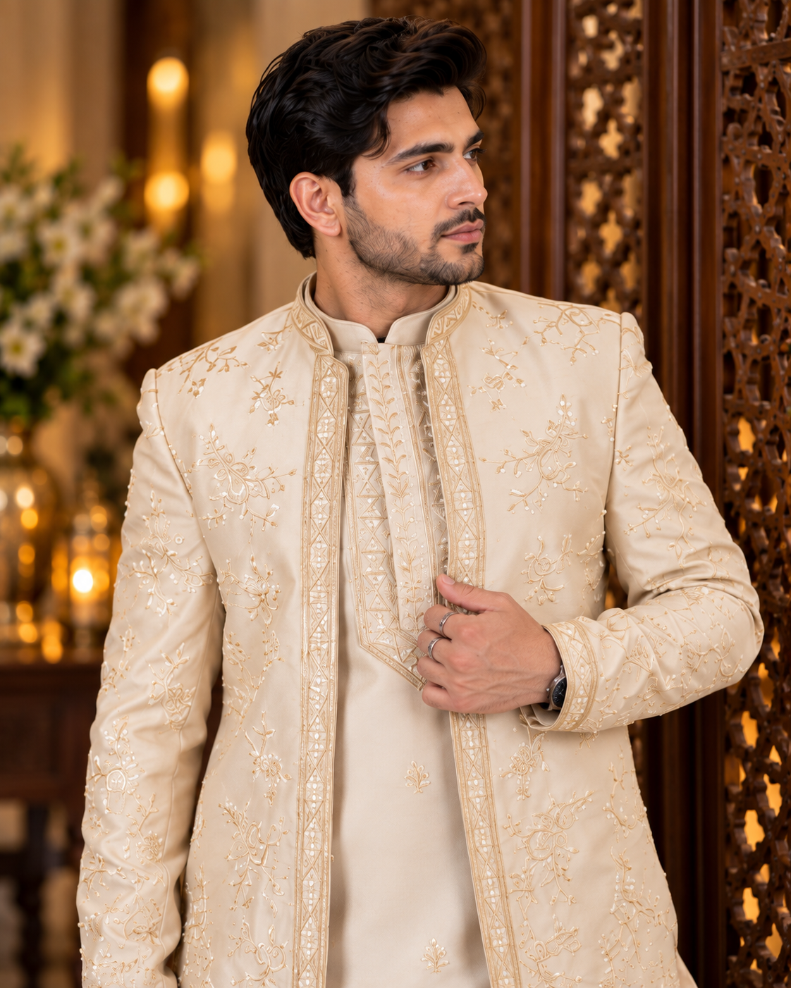 Embroidered Beige Fusion Wear