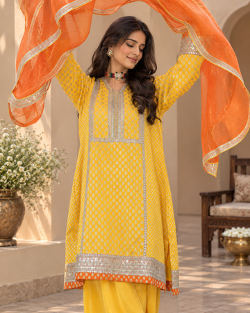 Yellow Banarasi Shirt with Orange Dupatta