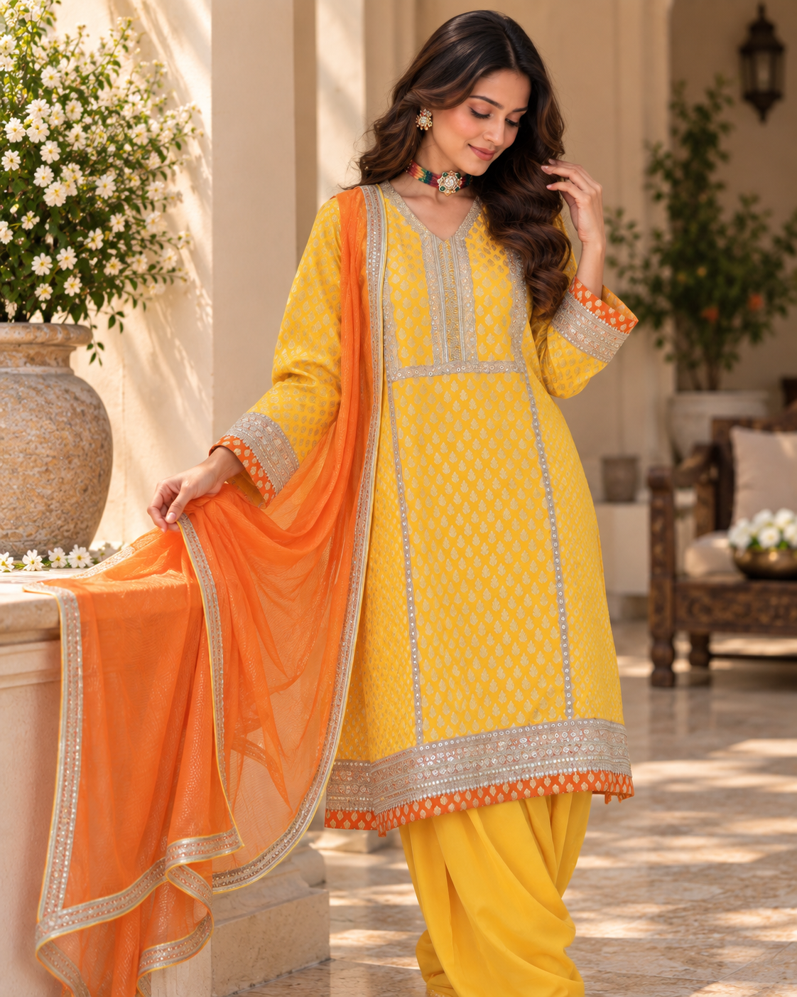 Yellow Banarasi Shirt with Orange Dupatta