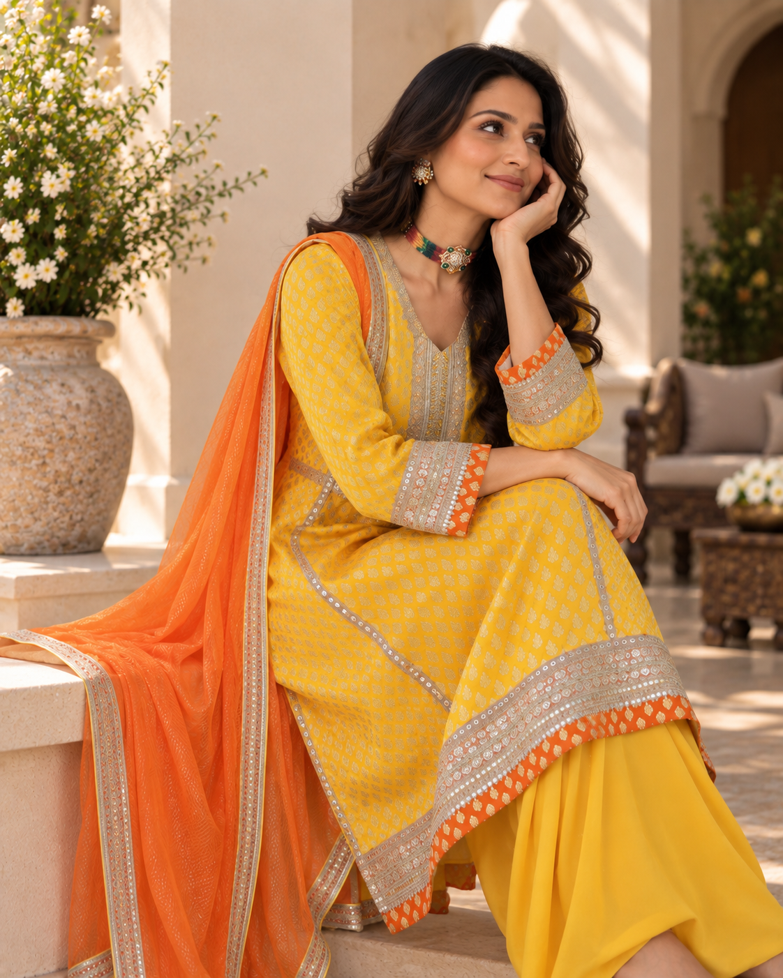 Yellow Banarasi Shirt with Orange Dupatta