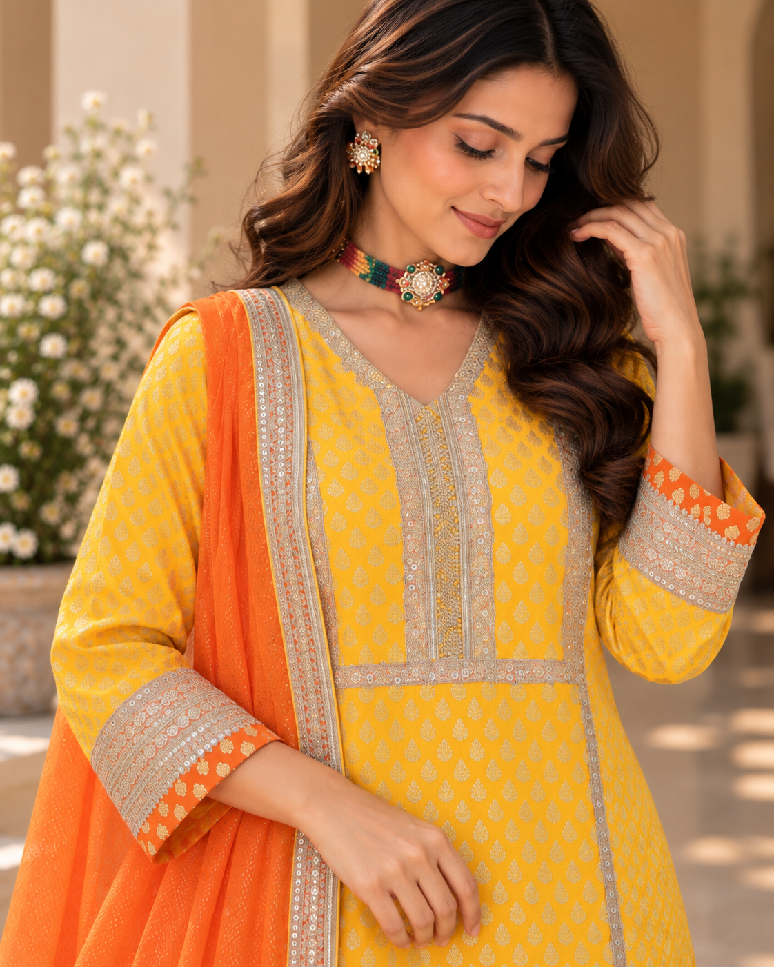 Yellow Banarasi Shirt with Orange Dupatta