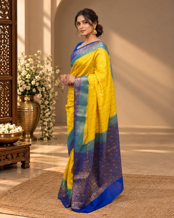 Yellow Blue Georgette Saree