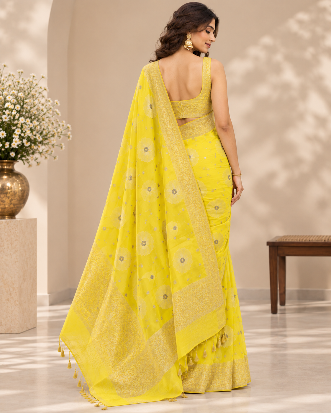 Bright Yellow Banarsi Georgette Saree