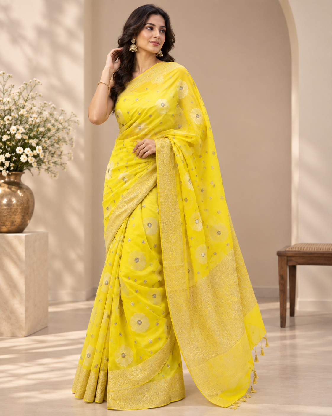 Bright Yellow Banarsi Georgette Saree
