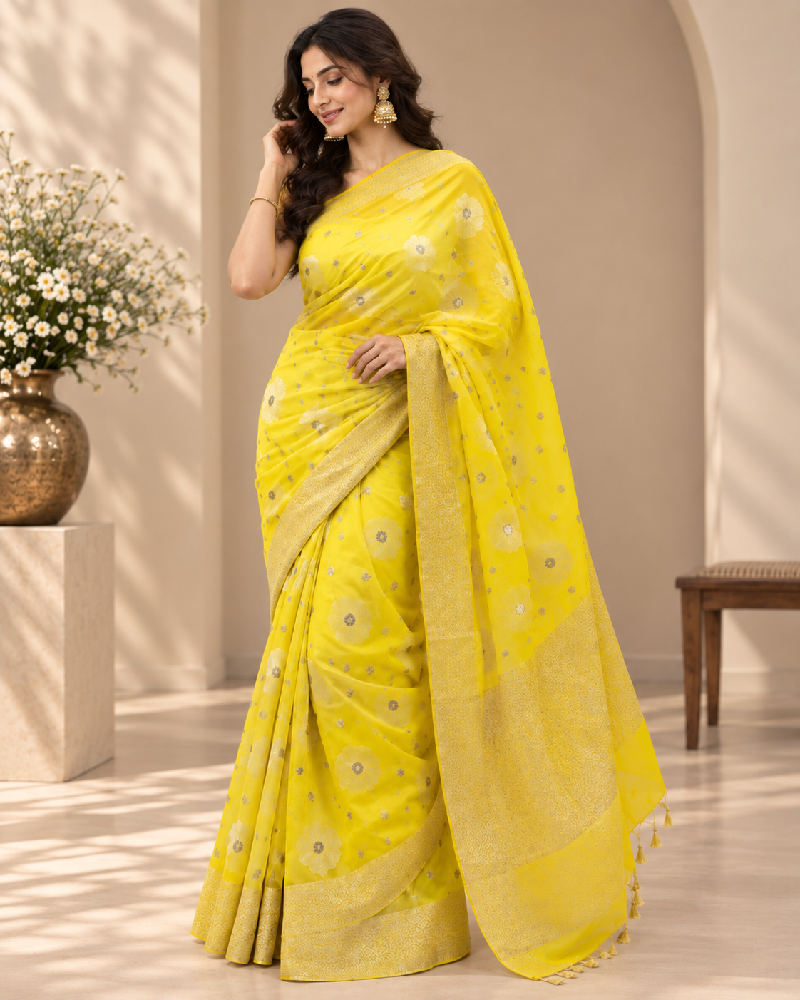 Bright Yellow Banarsi Georgette Saree