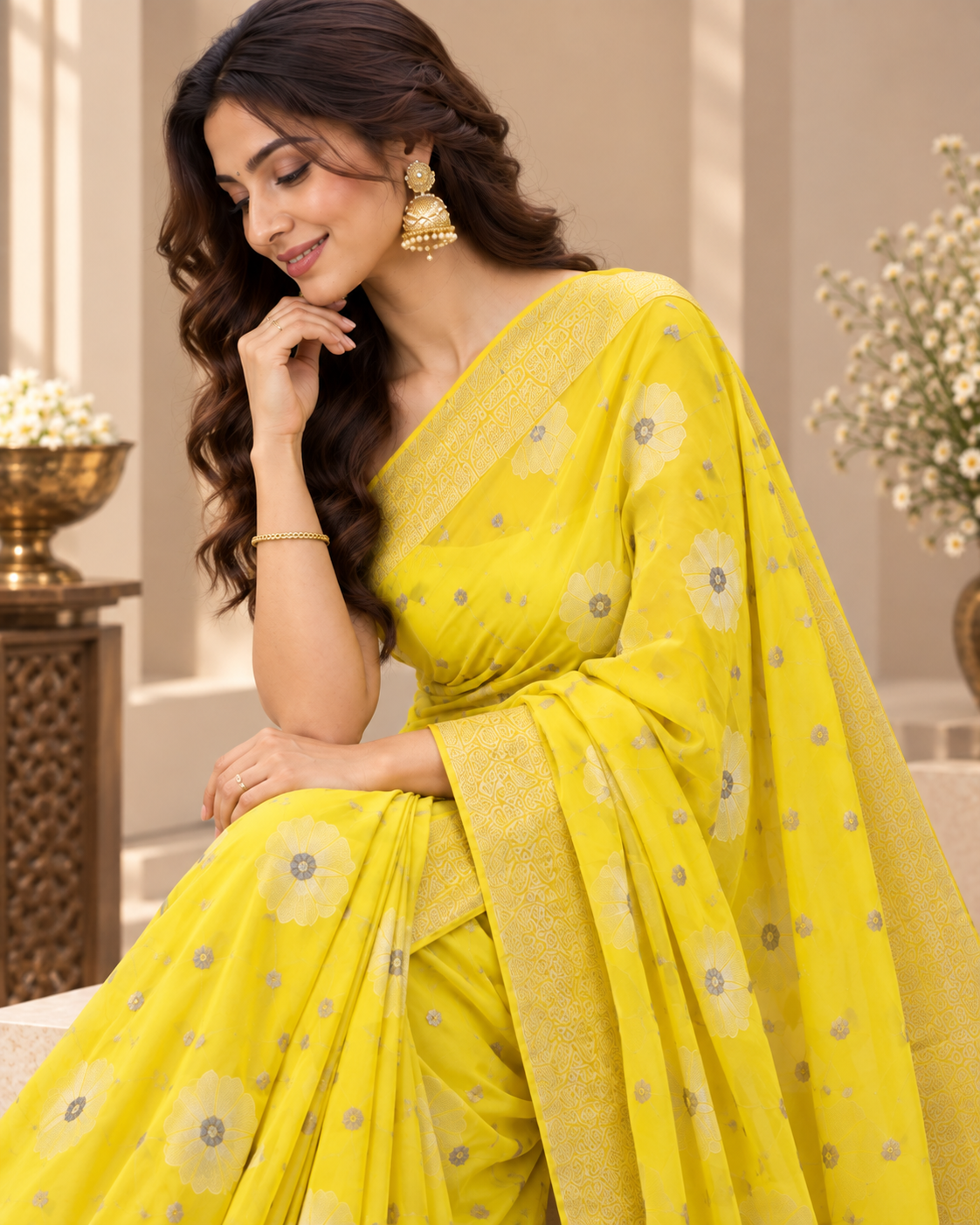 Bright Yellow Banarsi Georgette Saree