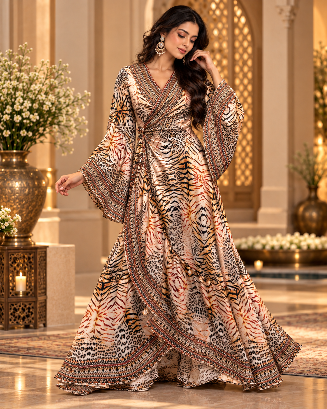 Elegant Viscose Satin Wrap Dress with Crystals