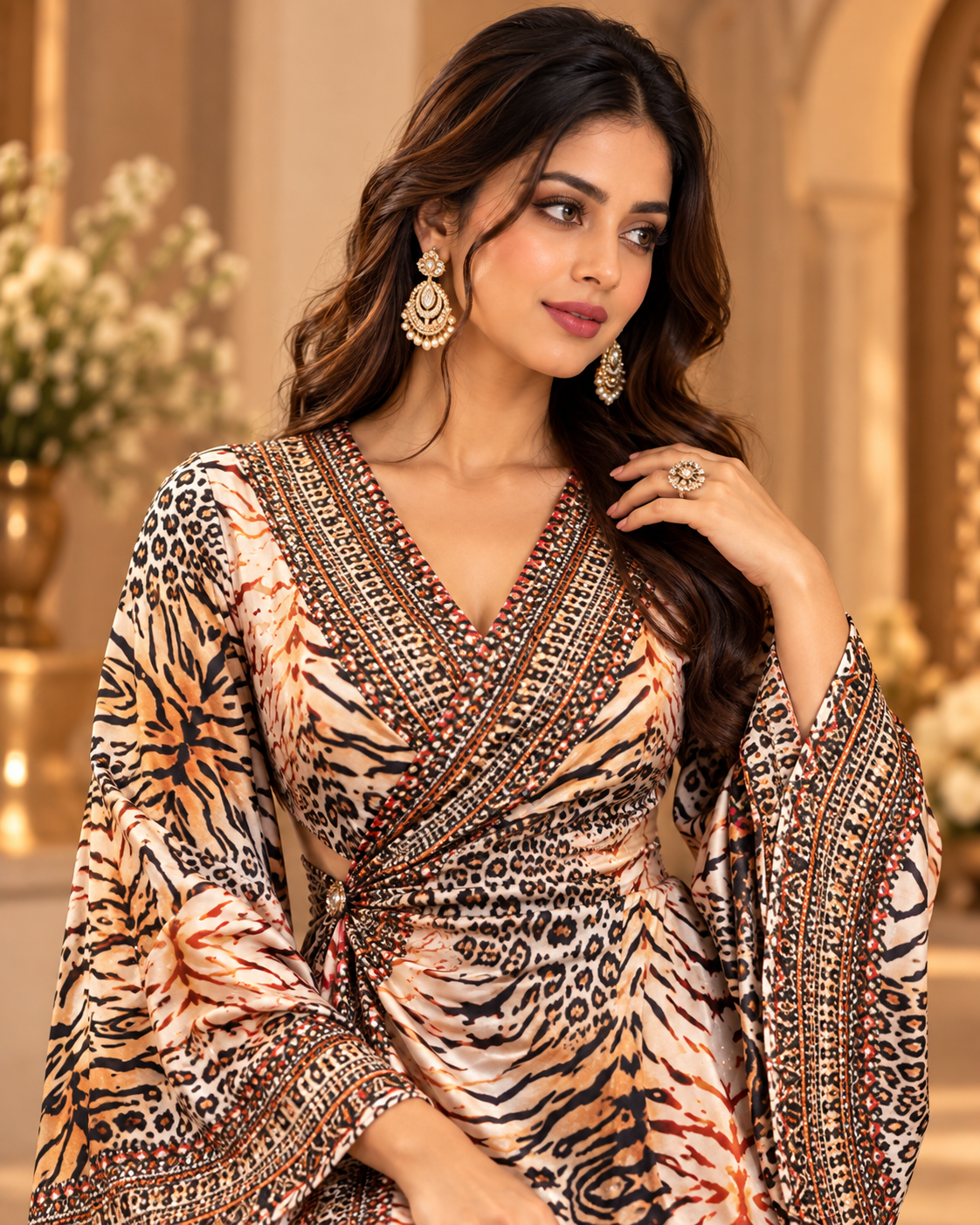 Elegant Viscose Satin Wrap Dress with Crystals